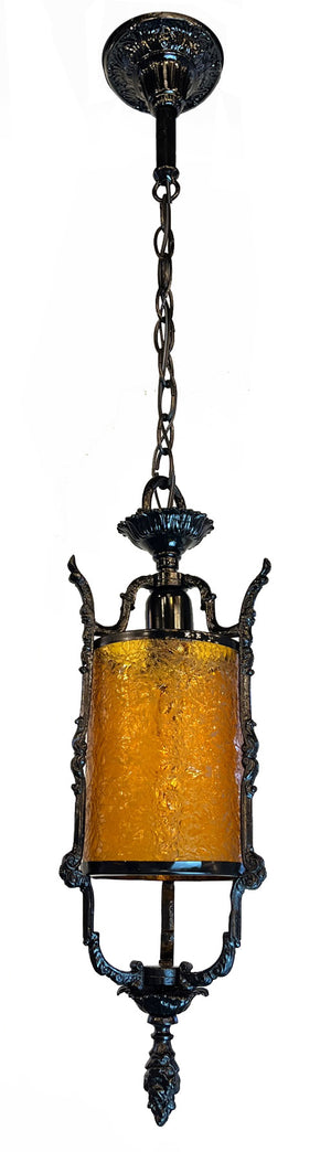 Antique Circa 1910 Cast Iron Gothic - Tudor Revival Exterior Lantern with Original Crackle Amber Glass Cylinder