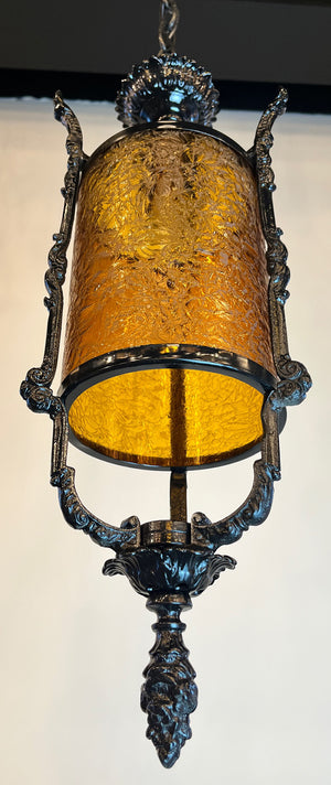 Antique Circa 1910 Cast Iron Gothic - Tudor Revival Exterior Lantern with Original Crackle Amber Glass Cylinder