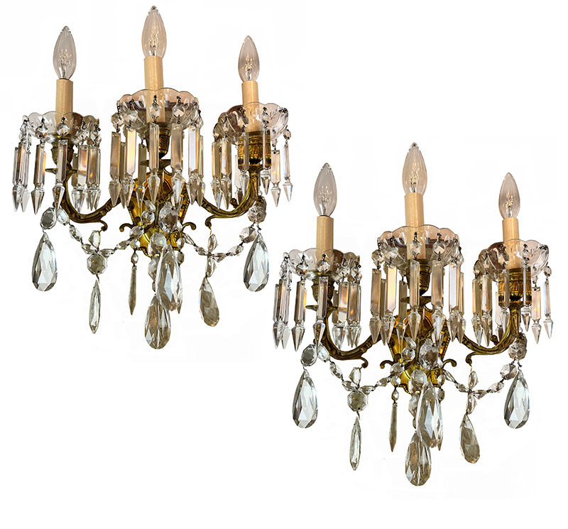 $1800 PAIR - Stunning 1910 Era Three Light Candelabra Wall Sconce with Original Gilt Finish and Hand Cut Crystal