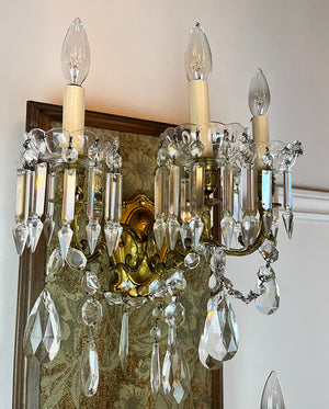 $1800 PAIR - Stunning 1910 Era Three Light Candelabra Wall Sconce with Original Gilt Finish and Hand Cut Crystal