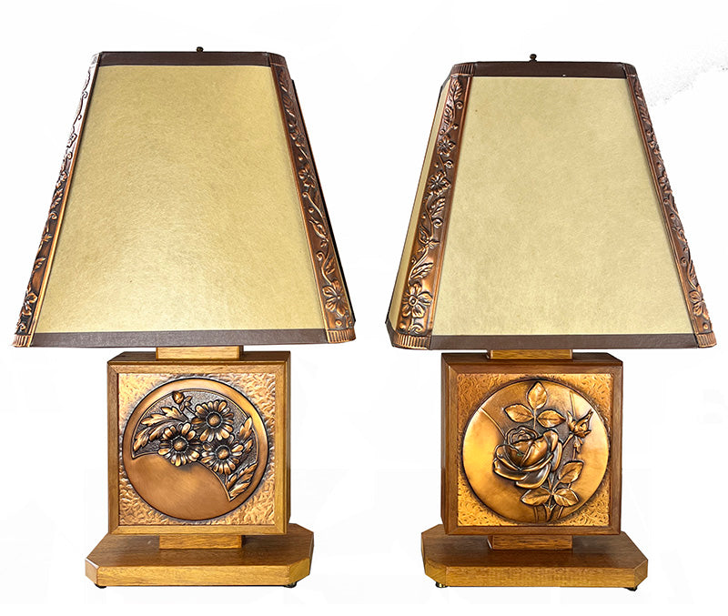 $1450 PAIR - Rare Pair of Canadian Art Deco Albert Giles Wood and Copper Repousse Table Lamps and Matching Shades