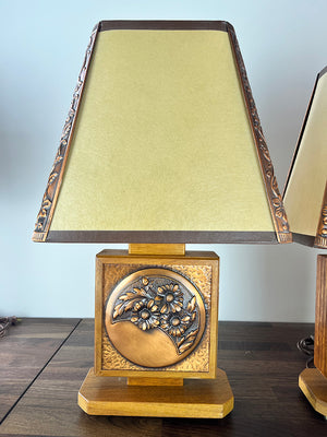 $1450 PAIR - Rare Pair of Canadian Art Deco Albert Giles Wood and Copper Repousse Table Lamps and Matching Shades