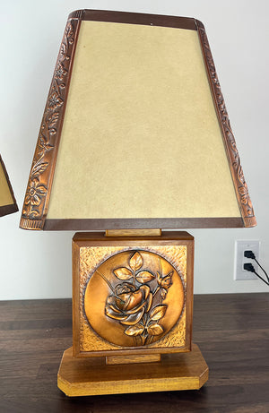 $1450 PAIR - Rare Pair of Canadian Art Deco Albert Giles Wood and Copper Repousse Table Lamps and Matching Shades