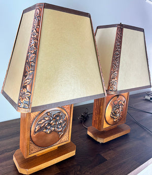 $1450 PAIR - Rare Pair of Canadian Art Deco Albert Giles Wood and Copper Repousse Table Lamps and Matching Shades