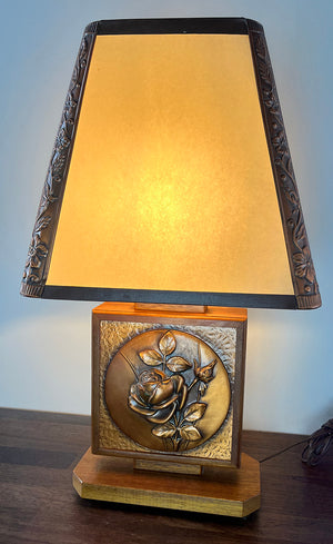 $1450 PAIR - Rare Pair of Canadian Art Deco Albert Giles Wood and Copper Repousse Table Lamps and Matching Shades