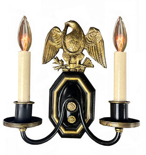 $1000 PAIR - Antique 1920s Pair of Federal Cast Eagle Back Black and Brass Double Light Wall Sconces