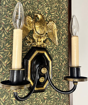 $1000 PAIR - Antique 1920s Pair of Federal Cast Eagle Back Black and Brass Double Light Wall Sconces