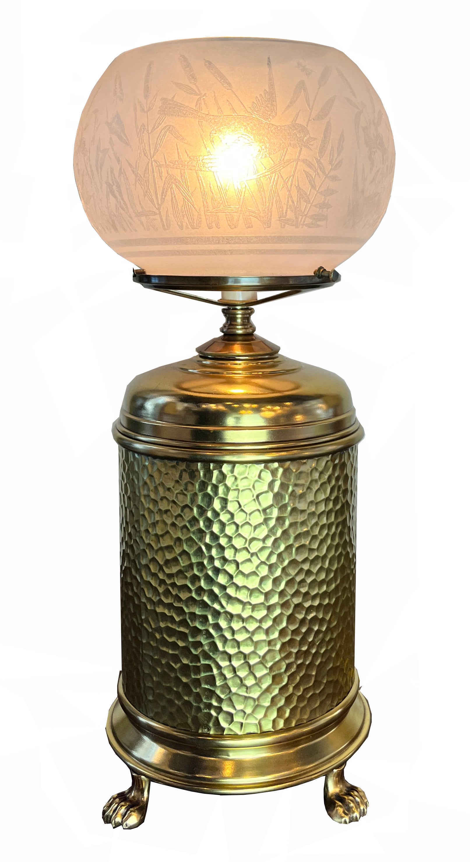 Antique 1880s Hammered Aesthetic Movement Table Lamp with Claw Foot Base and Orignal 5" Fishbowl Sparrow Shade
