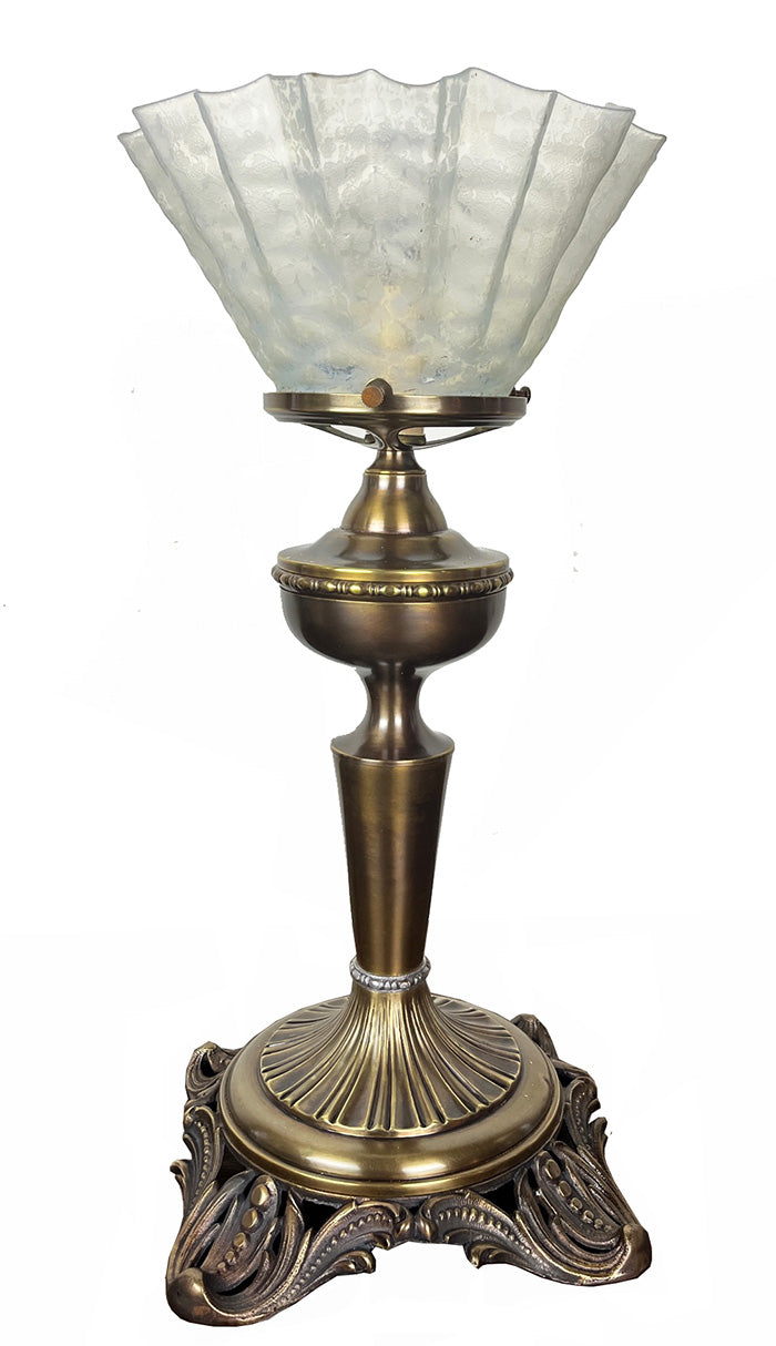 Antique Early 1890s Converted Gas Portable Table Lamp with Cast Acanthus and Scroll Base and Orignal Pie Crust Opal Shade