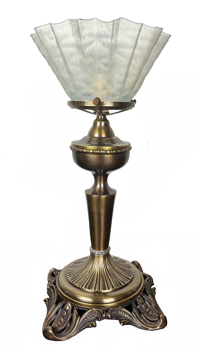 Antique Early 1890s Converted Gas Portable Table Lamp with Cast Acanthus  and Scroll Base and Orignal Pie Crust Opal Shade