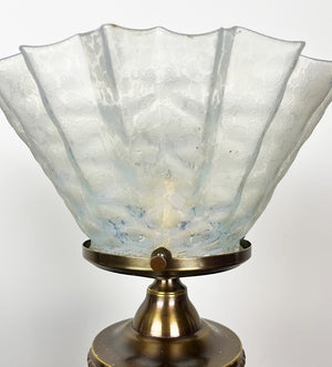 Antique Early 1890s Converted Gas Portable Table Lamp with Cast Acanthus and Scroll Base and Orignal Pie Crust Opal Shade