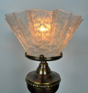 Antique Early 1890s Converted Gas Portable Table Lamp with Cast Acanthus and Scroll Base and Orignal Pie Crust Opal Shade
