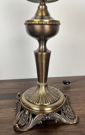 Antique Early 1890s Converted Gas Portable Table Lamp with Cast Acanthus and Scroll Base and Orignal Pie Crust Opal Shade