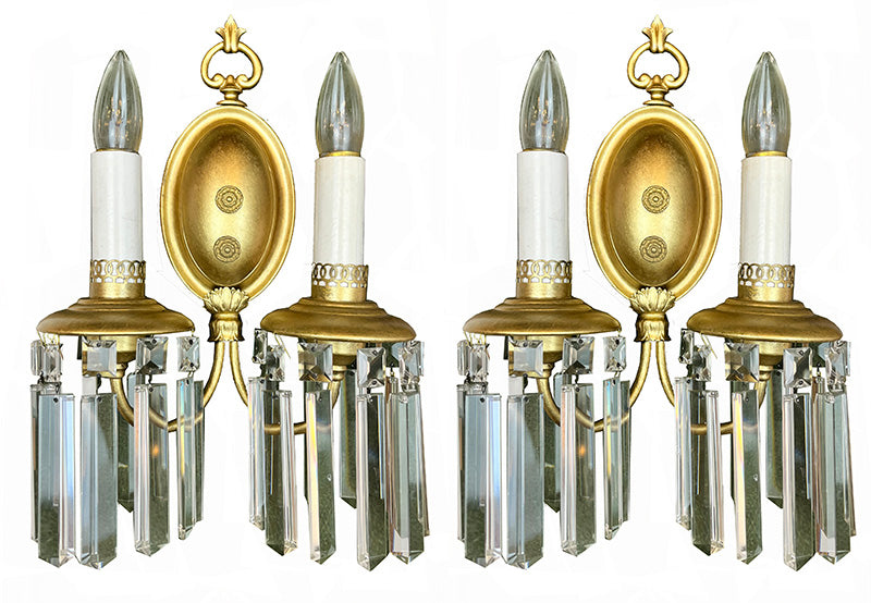 $850 PAIR - Circa 1910 Georgian Revival Scroll Arm Wall Sconces with Colonial Prisms