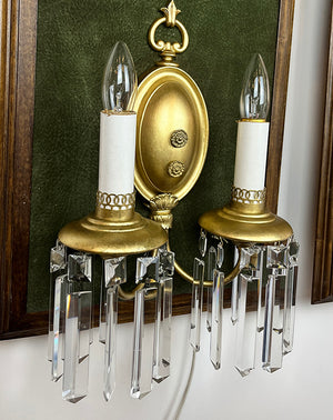 $850 PAIR - Circa 1910 Georgian Revival Scroll Arm Wall Sconces with Colonial Prisms