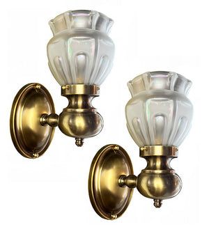 $900 PAIR - Antique Circa 1910 Single Light Edwadian Oval Back Wall Sconces with Antique Iredescent Shades