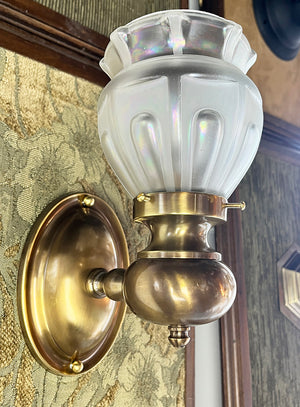 $900 PAIR - Antique Circa 1910 Single Light Edwadian Oval Back Wall Sconces with Antique Iredescent Shades