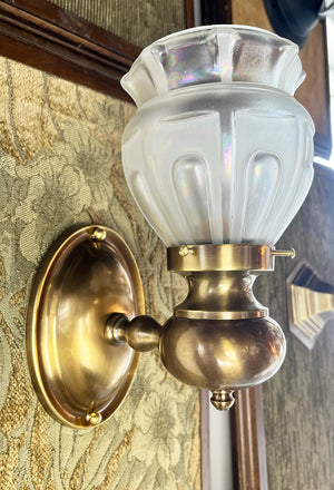 $900 PAIR - Antique Circa 1910 Single Light Edwadian Oval Back Wall Sconces with Antique Iredescent Shades
