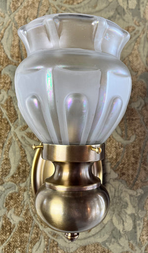 $900 PAIR - Antique Circa 1910 Single Light Edwadian Oval Back Wall Sconces with Antique Iredescent Shades