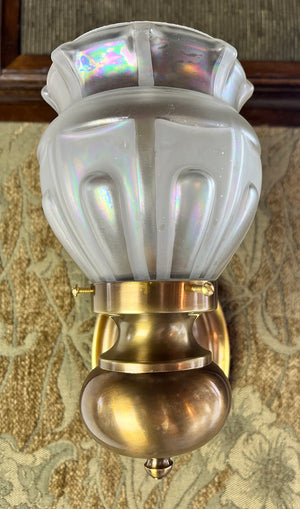 $900 PAIR - Antique Circa 1910 Single Light Edwadian Oval Back Wall Sconces with Antique Iredescent Shades