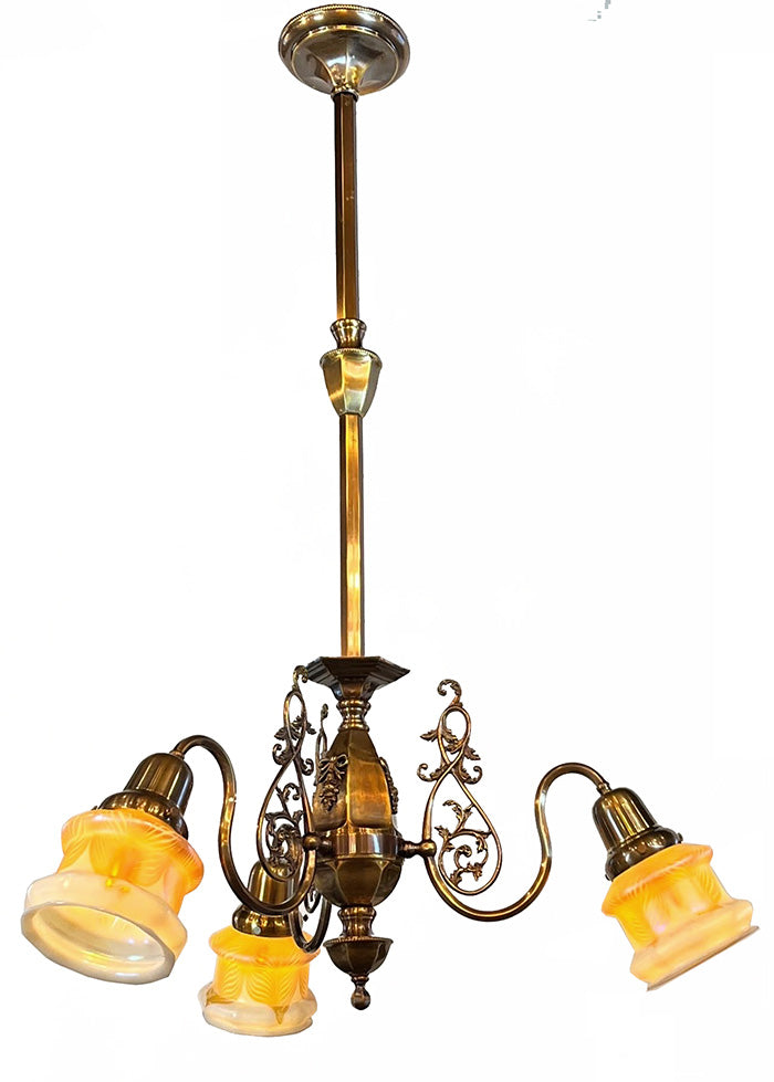 Antique Circa 1900 Early Electric Neo Classical Three Light Chandelier with Original Signed Quezal Pulled Feather Shades