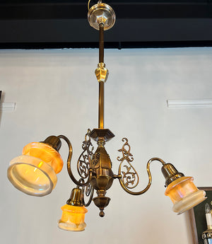 Antique Circa 1900 Early Electric Neo Classical Three Light Chandelier with Original Signed Quezal Pulled Feather Shades