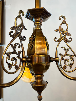 Antique Circa 1900 Early Electric Neo Classical Three Light Chandelier with Original Signed Quezal Pulled Feather Shades