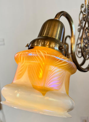 Antique Circa 1900 Early Electric Neo Classical Three Light Chandelier with Original Signed Quezal Pulled Feather Shades