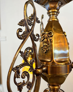 Antique Circa 1900 Early Electric Neo Classical Three Light Chandelier with Original Signed Quezal Pulled Feather Shades
