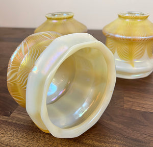 Antique Circa 1900 Early Electric Neo Classical Three Light Chandelier with Original Signed Quezal Pulled Feather Shades