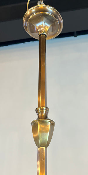 Antique Circa 1900 Early Electric Neo Classical Three Light Chandelier with Original Signed Quezal Pulled Feather Shades