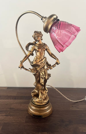 Stunning Early 1900s French Art Nouveau " Fleur de Mai" Figural Lamp Signed by Aug Morneau