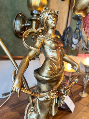 Stunning Early 1900s French Art Nouveau " Fleur de Mai" Figural Lamp Signed by Aug Morneau