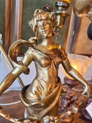 Stunning Early 1900s French Art Nouveau " Fleur de Mai" Figural Lamp Signed by Aug Morneau