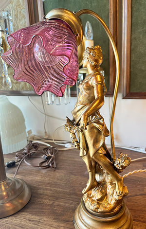 Stunning Early 1900s French Art Nouveau " Fleur de Mai" Figural Lamp Signed by Aug Morneau