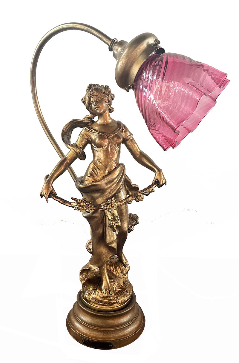 Stunning Early 1900s French Art Nouveau " Fleur de Mai" Figural Lamp Signed by Aug Morneau