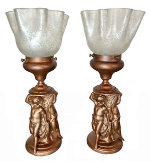 $750 PAIR - Early 1900s Beaux Arts Three Sided Figural Table lamps with Antique Acid Etched Ruffled and Floral Shades