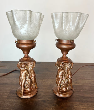 $750 PAIR - Early 1900s Beaux Arts Three Sided Figural Table lamps with Antique Acid Etched Ruffled and Floral Shades