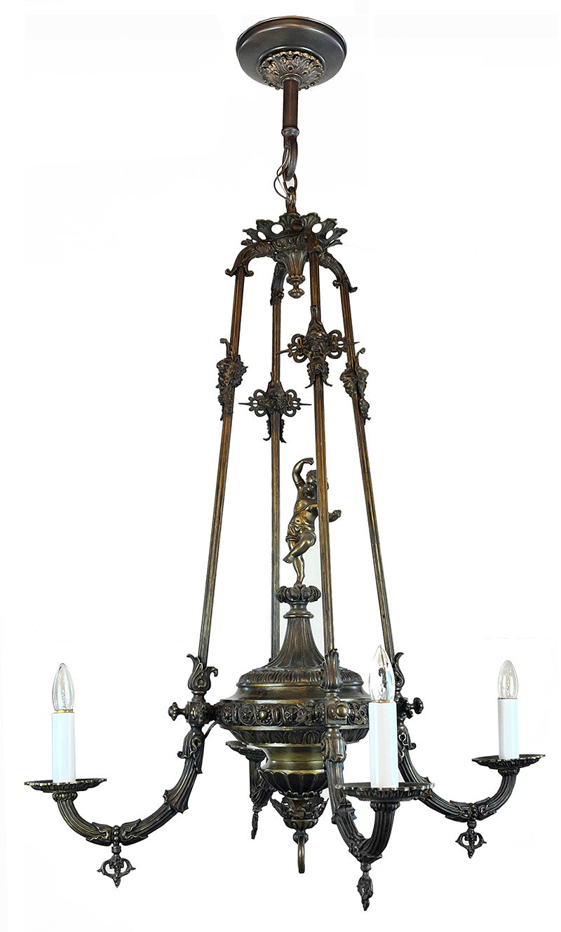 Ornate Antique 1890s Rod Suspended French Bronze Converted Gasolier with Cast Cherub