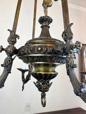 Ornate Antique 1890s Rod Suspended French Bronze Converted Gasolier with Cast Cherub