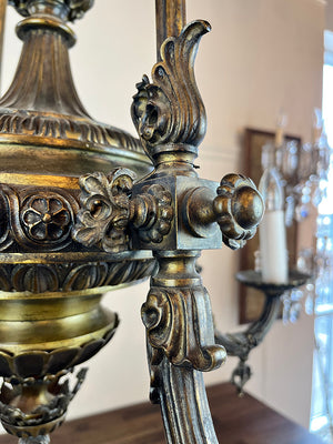 Ornate Antique 1890s Rod Suspended French Bronze Converted Gasolier with Cast Cherub
