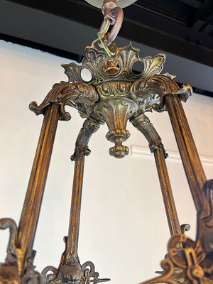 Ornate Antique 1890s Rod Suspended French Bronze Converted Gasolier with Cast Cherub
