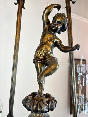 Ornate Antique 1890s Rod Suspended French Bronze Converted Gasolier with Cast Cherub