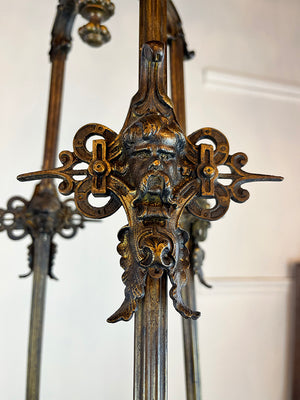 Ornate Antique 1890s Rod Suspended French Bronze Converted Gasolier with Cast Cherub