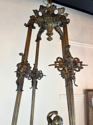 Ornate Antique 1890s Rod Suspended French Bronze Converted Gasolier with Cast Cherub