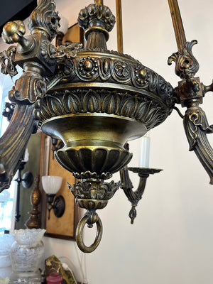 Ornate Antique 1890s Rod Suspended French Bronze Converted Gasolier with Cast Cherub