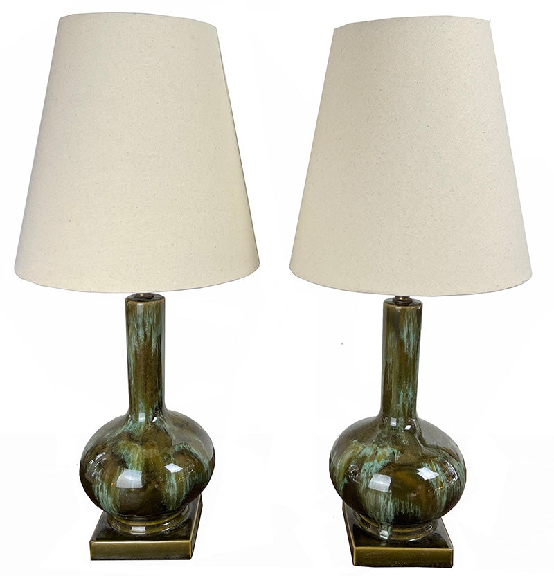 $650 PAIR - Mid Century Earthy Green Glaze Ceramic Table Lamps with Homespun Linen Shades