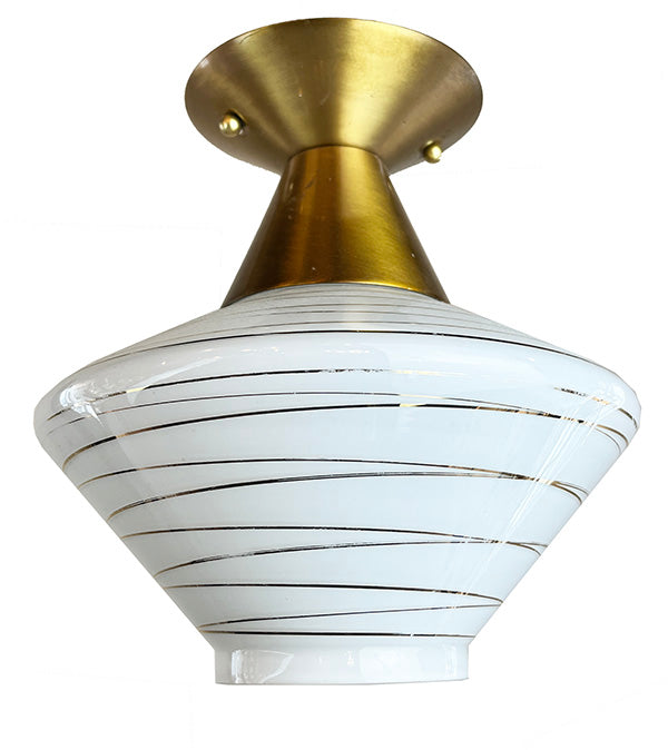 Vintage 1960s Mid Century Gold Striped Flush Mount with Original Satin Brass Holder