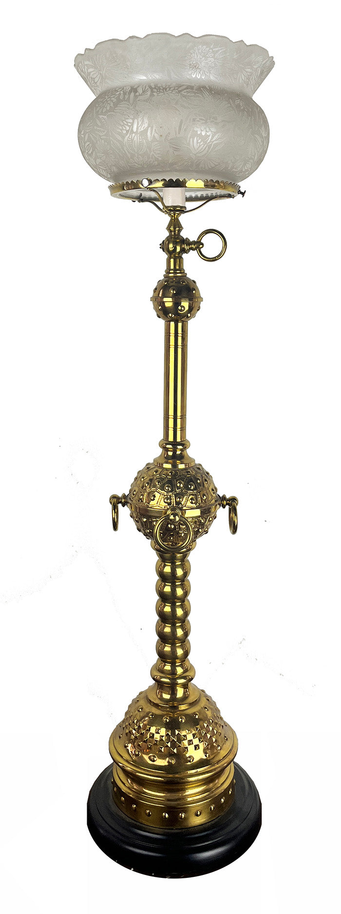 Incredible 1880s Converted Gas Bronze Eastlake Newel Post Light Attributed to Thackera with Antique Acid Etched Floral Crown Top Shade