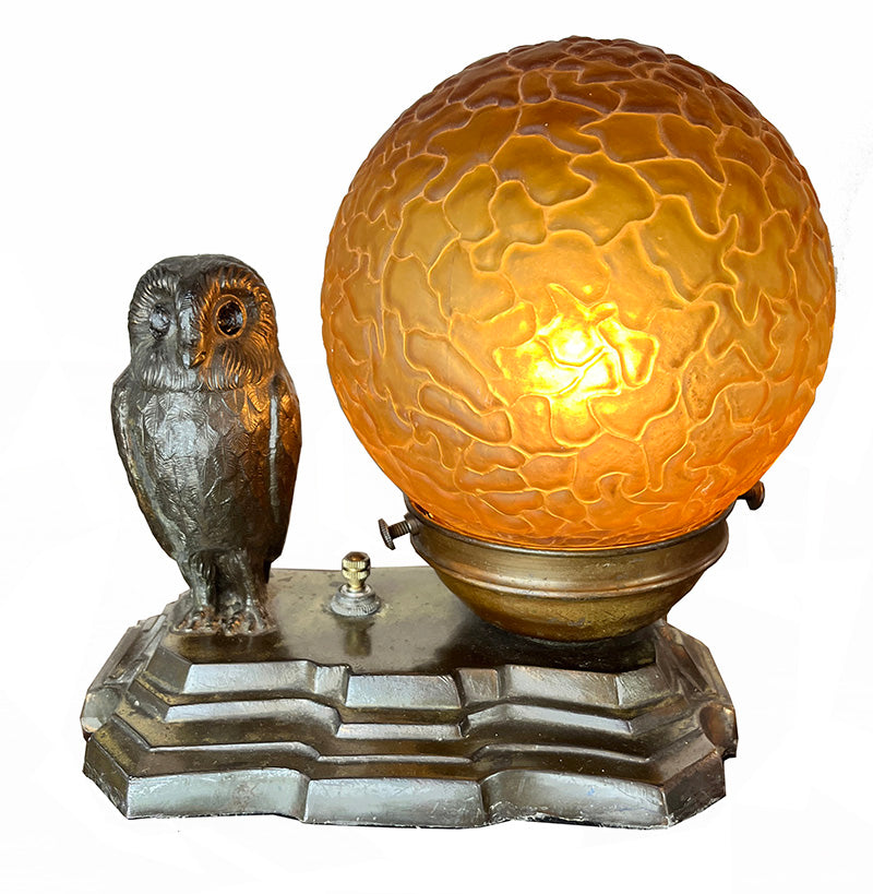 Antique Circa 1930 Art Deco Owl Radio Lamp with Original Amber Brain Shade